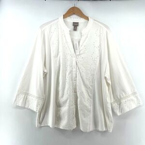 Chicos 4 Top White Eyelet Artisan Button Front Plus Sz XXL Cottage Boho Peasant